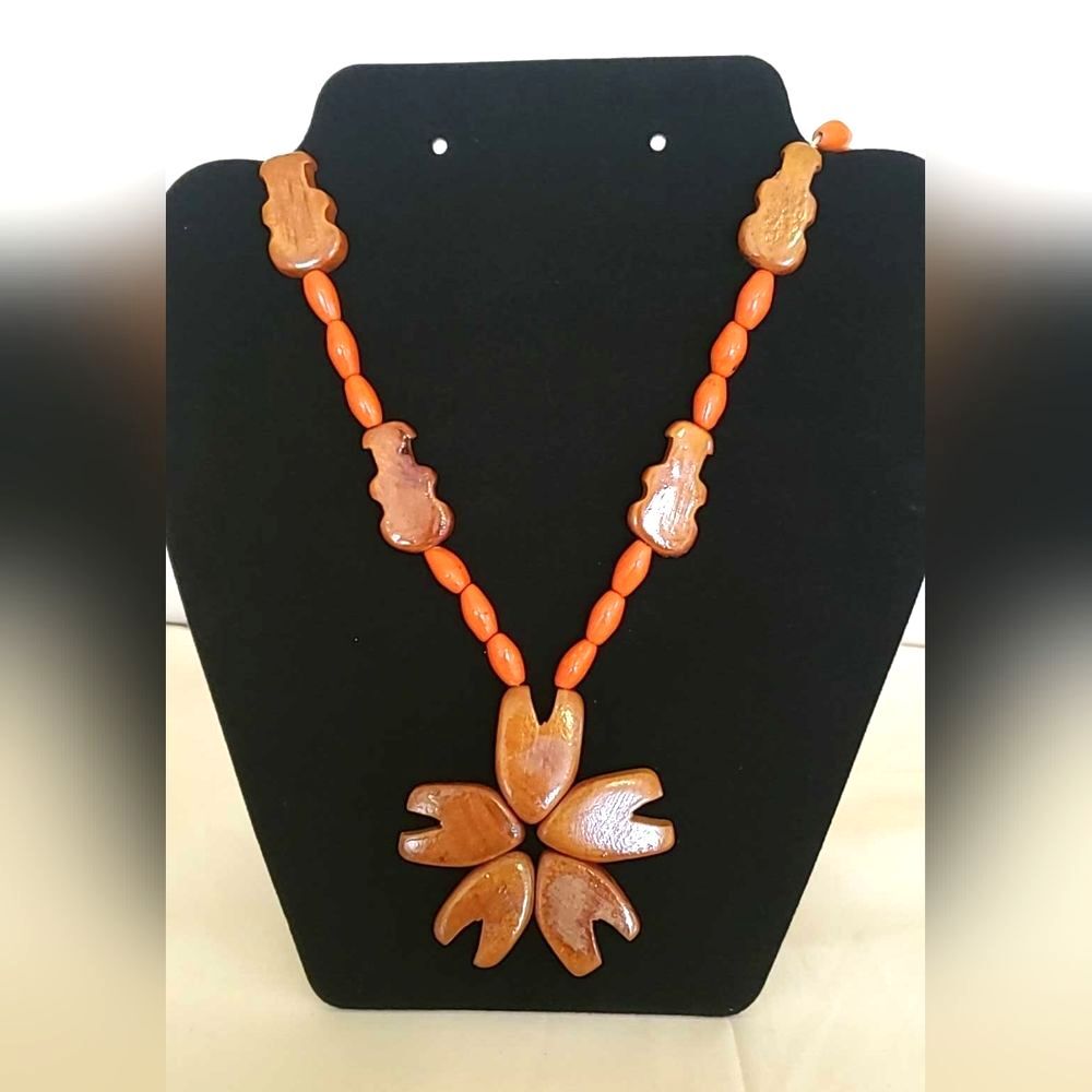 Vtg Handcrafted Wooden and Orange Beaded Necklace
